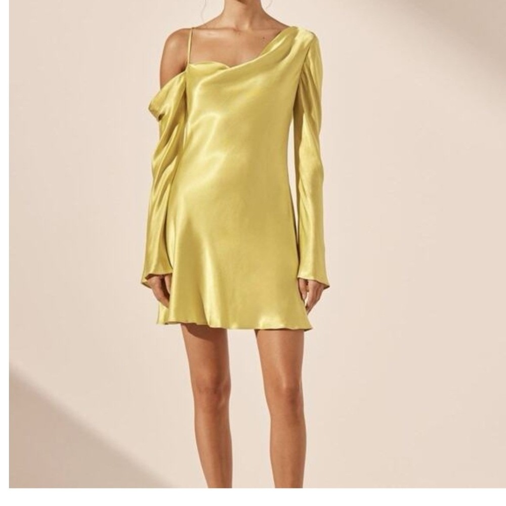 Shona Joy Sofia Asymmetrical Long Sleeve Mini Dress‎ Yellow Green Sz 6 Event